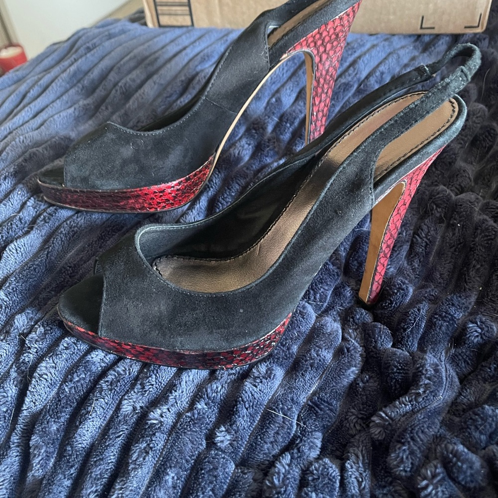 Bebe Black and Red Suede Slingback Heels